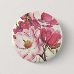 Vintage Magnolia Tree Blossom, Pink Garden Flowers 6 Cm Round Badge
