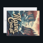 Vintage Maine Coast Boats & Cliffs Postcard<br><div class="desc">A vintage-style vector art illustration captures the rugged beauty of the "Maine Coast, " featuring steep,  forested cliffs,  small fishing boats on the water,  and dynamic waves under a dramatic cloudy sky.</div>
