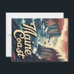 Vintage Maine Coast Boats & Cliffs Postcard<br><div class="desc">A vintage-style vector art illustration captures the rugged beauty of the "Maine Coast, " featuring steep,  forested cliffs,  small fishing boats on the water,  and dynamic waves under a dramatic cloudy sky.</div>