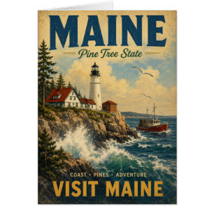 Vintage Maine Coast Travel Poster with Lighthouse