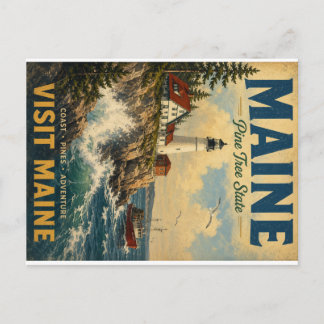 Vintage Maine Coast Travel Poster with Lighthouse Holiday Postcard