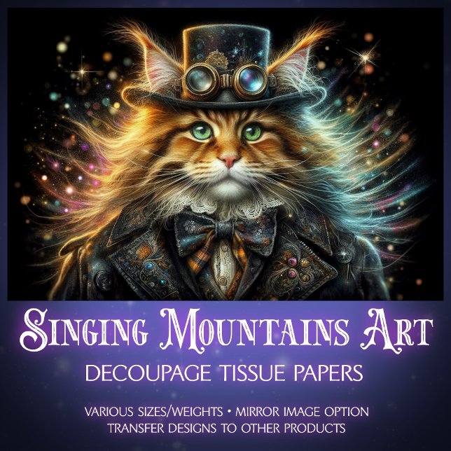 Vintage Maine Coone Whimsical Steampunk Decoupage  Tissue Paper (Creator Uploaded)