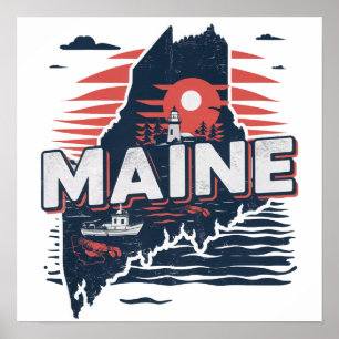 Vintage Maine USA State Map Travel Poster