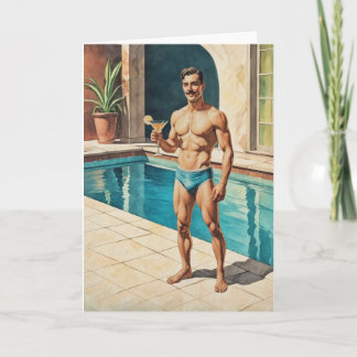 Vintage Male Pinup Zaddy | Retro Poolside Hunk Card