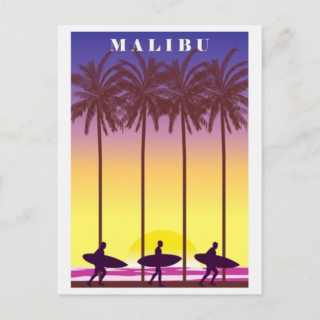 Vintage Malibu California Beach Surfing Travel Postcard (Front)
