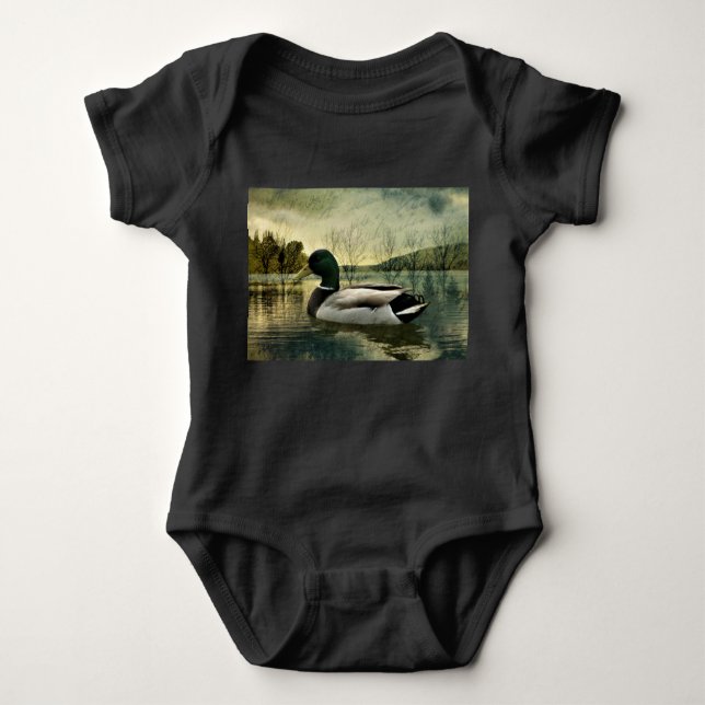 Vintage Mallard Duck Weathered Postcard Baby Bodysuit (Front)