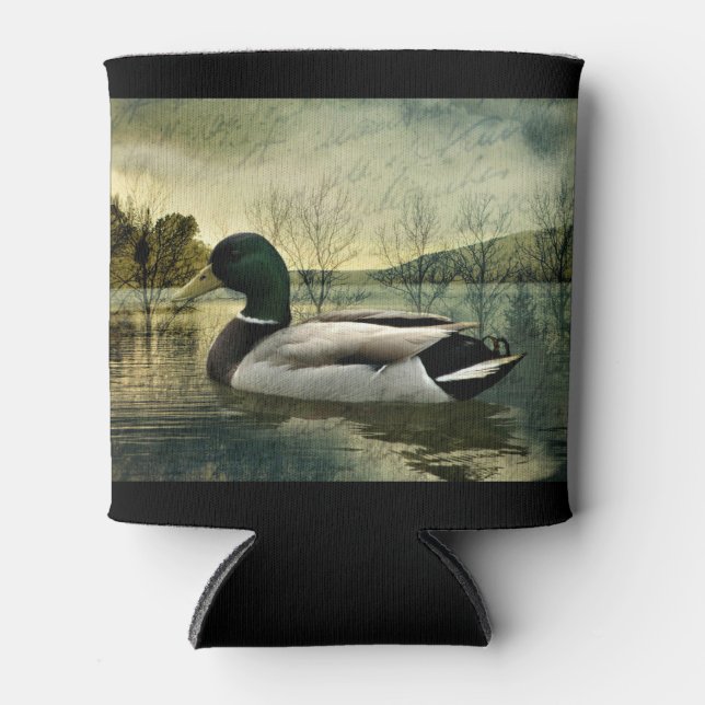 Vintage Mallard Duck Weathered Postcard Can Cooler (Front)