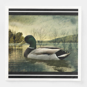 Vintage Mallard Duck Weathered Postcard Paper Dinn Napkin