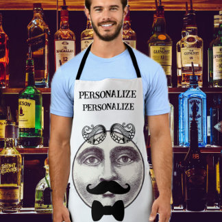 Vintage man in moon bartender moustache bow tie apron