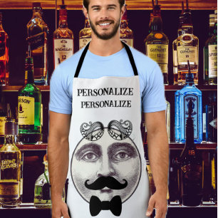 Vintage man in moon bartender mustache bow tie apron