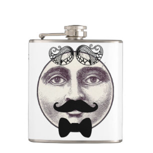 Vintage man in moon full face mustache bow tie hip flask