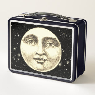 Vintage man in the moon full face black sepia star metal lunch box