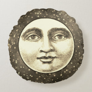 Vintage man in the moon full face sepia gold brow round cushion