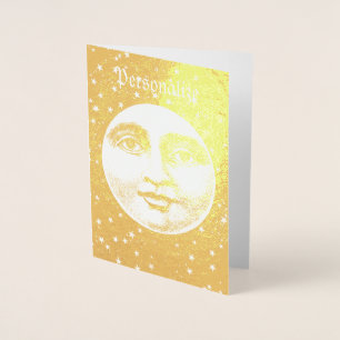 Vintage man in the moon full face stars gold foil card
