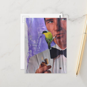 Vintage Man Smoking and a Cute Little Bird Collage Postcard