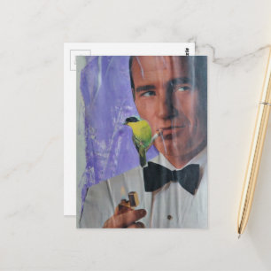 Vintage Man Smoking and a Cute Little Bird Collage Postcard