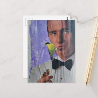 Vintage Man Smoking and a Cute Little Bird Collage Postcard