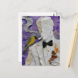 Vintage Man Smoking and a Cute Little Bird Collage Postcard