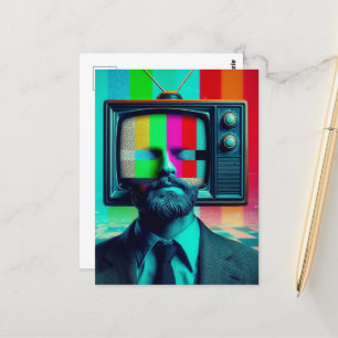 Vintage man With a TV on His Head Colourful Postcard