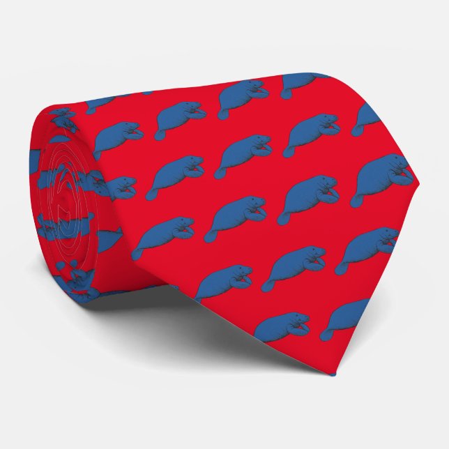 Vintage Manatee Drawing Blue Tie (Rolled)