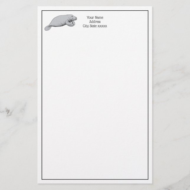 Vintage Manatee Drawing Stationery (Front)