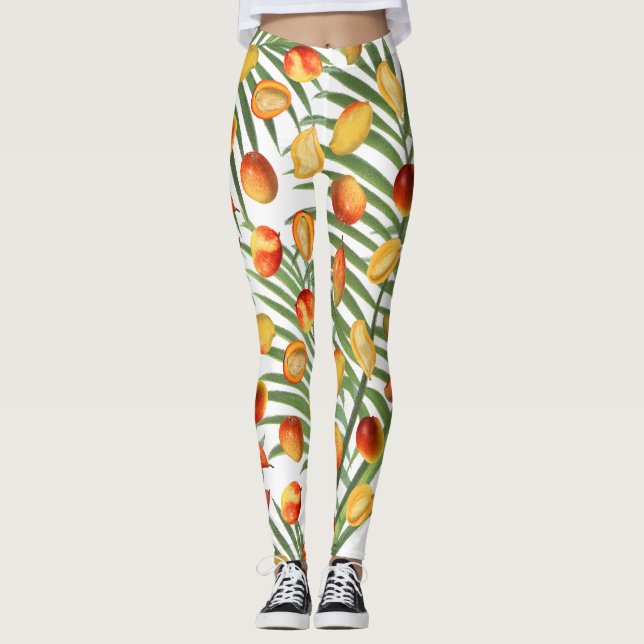 Vintage Mango & Greenery Summer Fruit Pattern Leggings (Front)