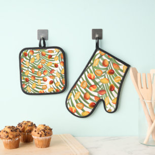 Vintage Mango & Greenery Summer Fruit Pattern Oven Mitt & Pot Holder Set