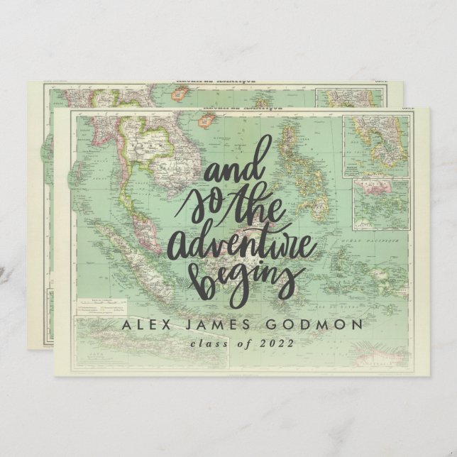 Vintage map adventure begins unique graduation announcement (Front/Back)