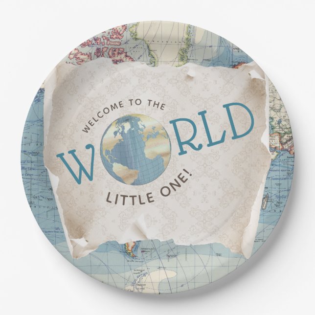 Vintage Map Baby Shower Paper Plates (Front)