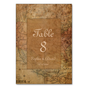 Vintage Map Destination Wedding Custom Monogram Table Number