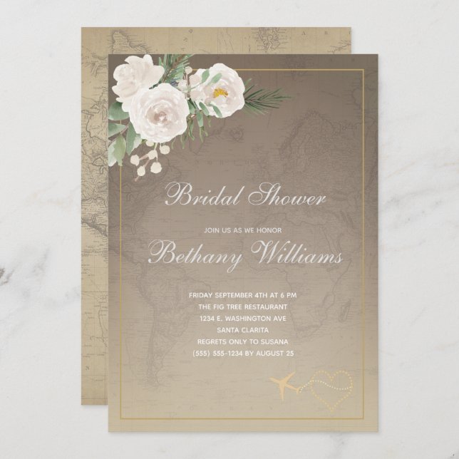 Vintage Map Floral  Bridal Shower Invitation (Front/Back)