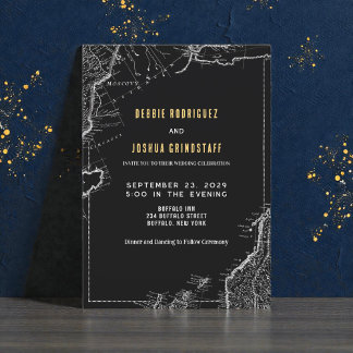 Vintage Map Gold on Black Wedding Invitation