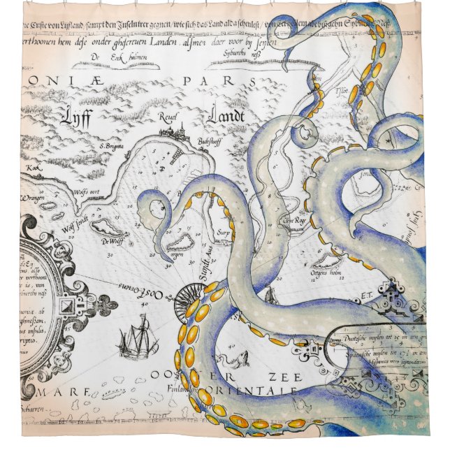 Vintage Map Grunge Tentacles Shower Curtain (Front)