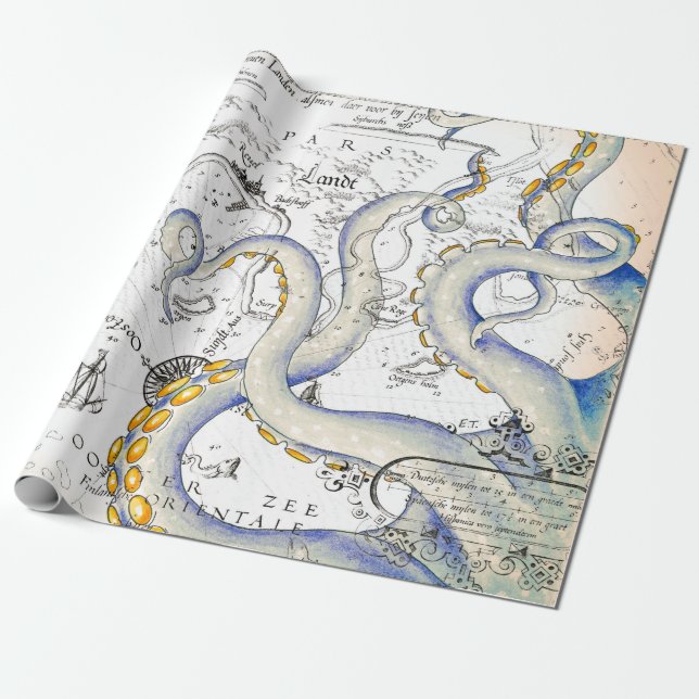 Vintage Map Grunge Tentacles Wrapping Paper (Unrolled)