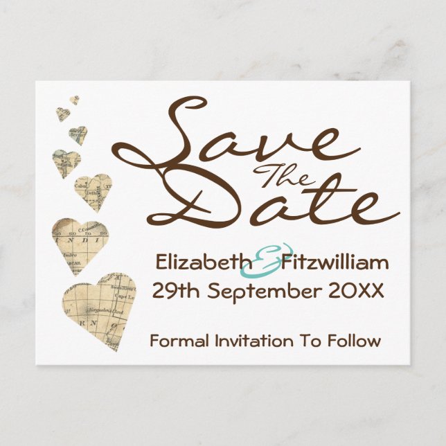 Vintage Map Heart Save the Date Postcard (Front)