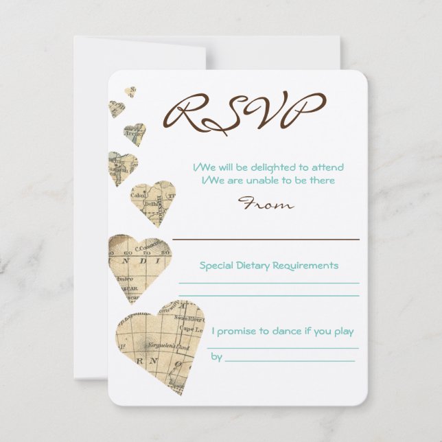 Vintage Map Hearts RSVP (Front)