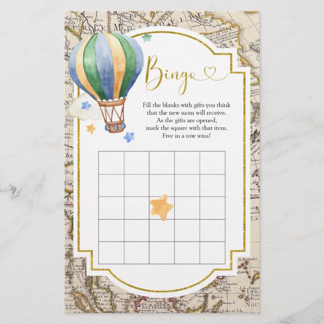 Vintage Map Hot Air Balloon Baby Shower Bingo (Front)