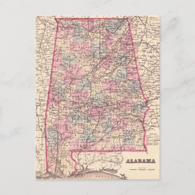 Vintage Map of Alabama Counties (1876) Postcard (Front)