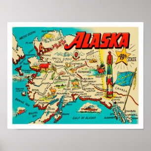 Vintage map of Alaska in fun retro colours Poster