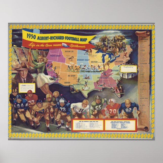 Vintage Map of American Football from the 1950s Poster (Front)