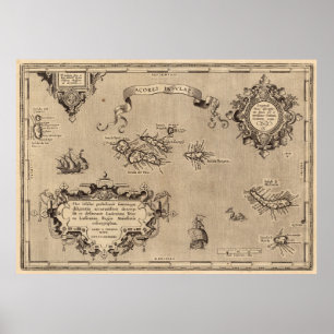 Vintage Map of Azores Islands (1608) Poster