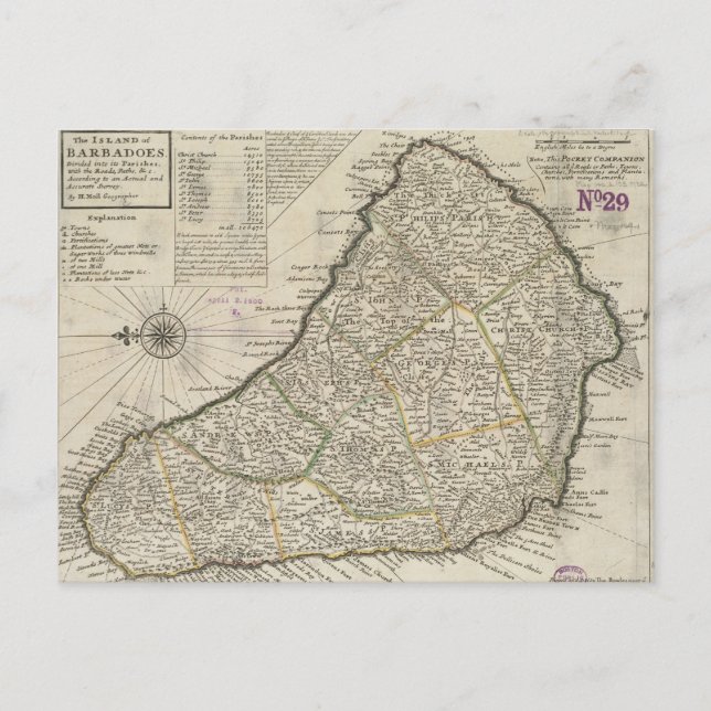 Vintage Map of Barbados (1736) Postcard (Front)