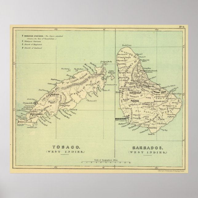 Vintage Map of Barbados and Tobago (1853) Poster (Front)