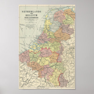 Vintage Map of Belgium, Luxembourg and Netherlands Poster