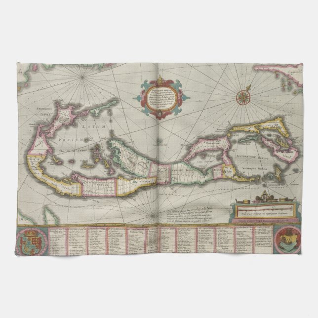 Vintage Map of Bermuda (1638) Tea Towel (Horizontal)