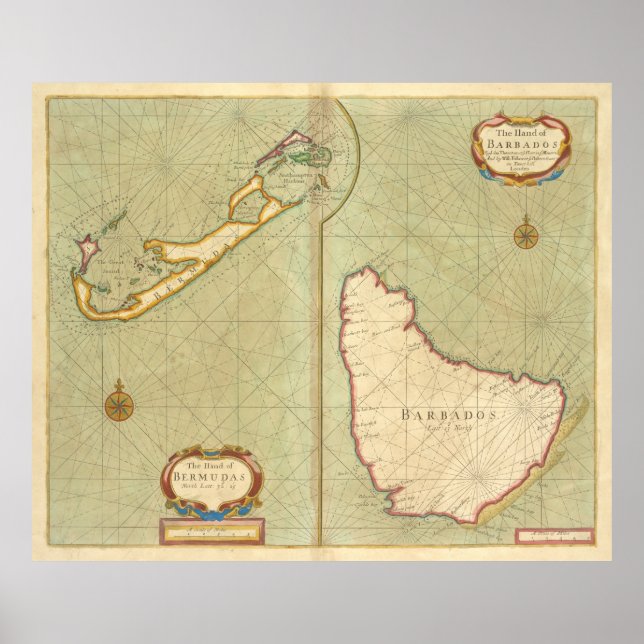 Vintage Map of Bermuda & Barbados (1707) Poster (Front)