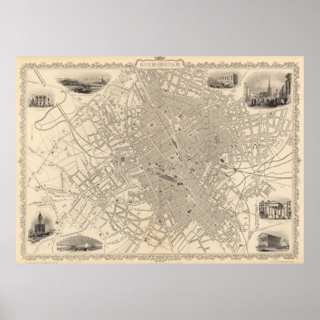 Vintage Map of Birmingham England (1851) Poster (Front)
