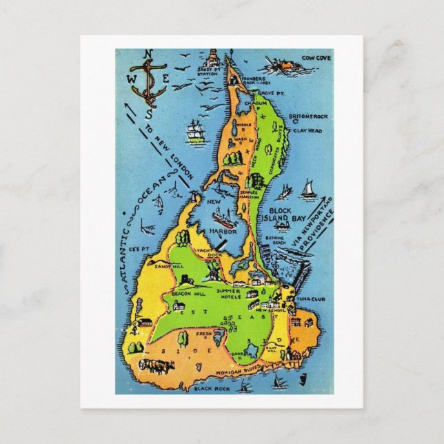 Vintage Map of Block Island  Postcard (Front)