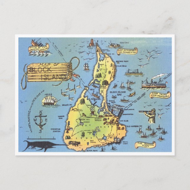 Vintage Map of Block Island, Rhode Island Postcard (Front)