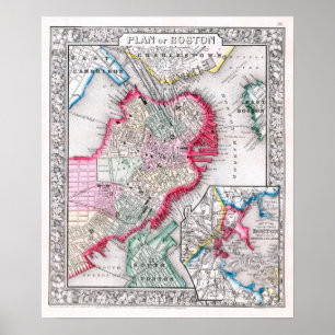 Vintage Map of Boston, 1864 Poster